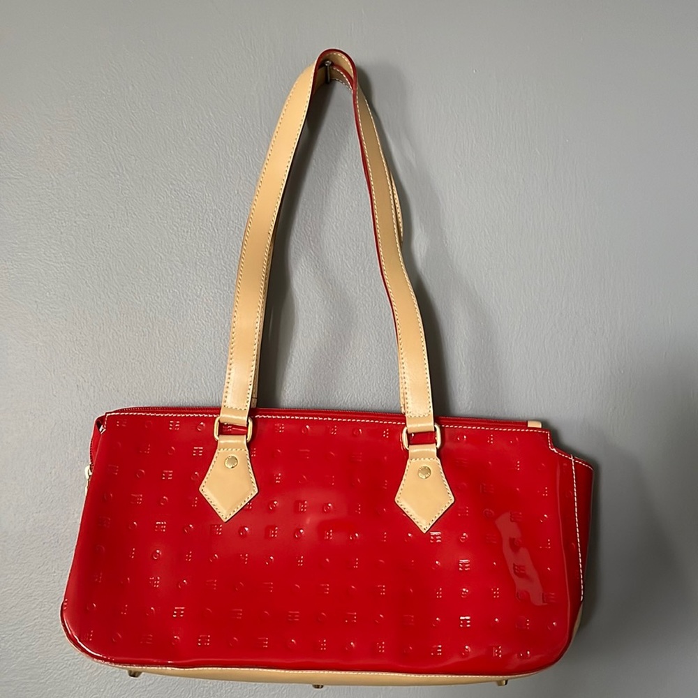 ARCADIA-Red Embossed Logo Patent Leather Small Tote/Shoulder Bag